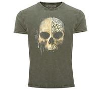 Neverless® Herren Vintage Shirt Bedruckt Totenkopf Totenschädel Skull Tattoo Tribal Printshirt T-Shirt Aufdruck Used Look Oliv L