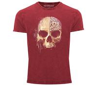 Neverless® Herren Vintage Shirt Bedruckt Totenkopf Totenschädel Skull Tattoo Tribal Printshirt T-Shirt Aufdruck Used Look rot XL