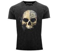 Neverless® Herren Vintage Shirt Bedruckt Totenkopf Totenschädel Skull Tattoo Tribal Printshirt T-Shirt Aufdruck Used Look schwarz XL
