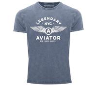 Neverless® Herren Vintage Shirt Legendary NYC Aviator Air Force Luftwaffe Flügel Printshirt Used Look Slim Fit Blau XXL