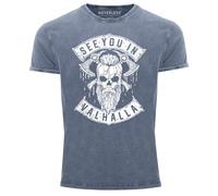 Neverless® Herren Vintage Shirt See You in Valhalla Wikinger Totenkopf Skull Printshirt T-Shirt Aufdruck Used Look Blau XL