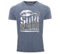 Neverless® Herren Vintage Shirt Surf California T-Shirt Aufdruck San Diego Welle Used Look Slim Fit Blau XXL