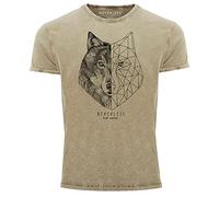 Neverless® Herren Vintage Shirt Wolf Polygon Kunst Grafik Tiermotiv Printshirt Printshirt T-Shirt Aufdruck Used Look Natur XL