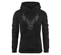 Neverless® Hoodie Damen Aufdruck Hirsch Geweih Polygon Motiv Print Fashion Kapuzen-Pullover schwarz XS