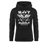 Neverless® Hoodie Damen Motiv Maritim Nautical Design Schriftzug Navy Supply Anker mit Flügeln Kapuzen-Pullover Schwarz L