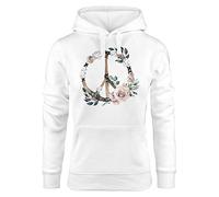 Neverless Hoodie Damen Peace-Symbol Blumen Flowerpower Hippie Boho Bohemian Kapuzen-Pullover Weiss L