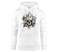 Neverless® Hoodie Damen Totenkopf Rosen Skull Roses Schädel Kapuzen-Pullover Frauen weiß L