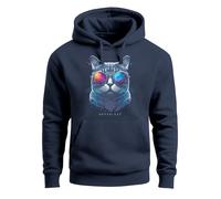 Neverless® Hoodie Herren Aufdruck Katze Cat Sommer Sonnenbrille Style Fashion Print Fashion Navy XL