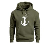 Neverless® Hoodie Herren Print Aufdruck Trend Anker Vögel Motiv Norden Meer Fashion Streetstyle Oliv XL