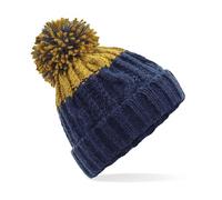 Neverless Strick-Mütze Damen Grobstrick Pudel-Mütze zweifarbig Ombré Farbverlauf Bommel-Mütze Winter-Mütze Navy-senfgelb Unisize