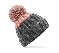 Neverless Strick-Mütze Damen Grobstrick Pudel-Mütze zweifarbig Ombré Farbverlauf Bommel-Mütze Winter-Mütze Grau-rosa Unisize