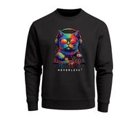 Neverless® Sweatshirt Herren ohne Kapuze Frontprint DJ Cat Musik Katze Pullover Fashion Neon Retro Streetwear Schwarz S