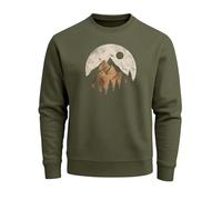 Sweatshirt Herren ohne Kapuze Frontprint mit Berg und Sonne - Outdoor Streetwear Männer Fashion - Mountain Scape olive S