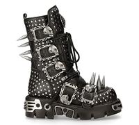 New Rock 1535-S1 Schwarzes Leder Militärstiefel Metallspitzen Schnallen Punk Emo - schwarz 37