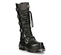 New Rock 272-S1 Gothic Emo Kniehohe Stiefel Aus Schwarzem Leder Mit Spitze und Schnallenverschluss