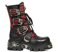 New Rock 391T-S1 Schwarzes Leder Tartan Gothic Stiefel Punk EMO Militär - schwarz 46