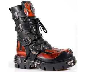 New Rock Flame-Akzent-Bikerstiefel aus schwarzem/rotem Leder mit Totenkopf-Motiv - 107-S1 EU40