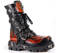 New Rock Flame-Akzent-Bikerstiefel aus schwarzem/rotem Leder mit Totenkopf-Motiv - 107-S1 EU44