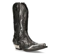 New Rock Flame Biker-Cowboystiefel aus schwarzem/silbernem Leder mit Akzent - M-7921-S3 EU43