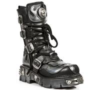 New Rock Flame Biker-Stiefel aus schwarzem/silbernem Leder mit Akzent - 107-S2 EU 37