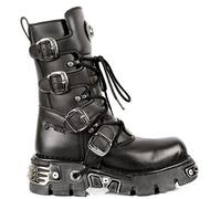 New Rock Gothic Plateau Stiefel für Damen & Herren - Veganes Leder Hohe Stiefeletten mit Metallschnallen & Nietendetails, Schwarz , 45 EU