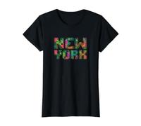 New York Schriftzug USA Hauptstadt Amerika Tropical Flower Preisgünstiges Grafik-T-Shirt, Damen, Schwarz, M