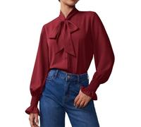 Neweek Chiffon-Blusen für Damen, Fliege, Ausschnitt, lange Ärmel, elegant, lässig, gesmokt, Bündchen, Büro, Arbeit, Bluse, elegante Oberteile, Weinrot, Groß