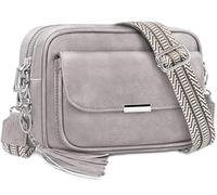 NEWIROVE Crossbody Bag Damen Leder Umhängetasche Damen Mittelgroß Handtasche Schwarz mit Breitem Gurt Verstelbaar Schultertasche Damen Mit Fransen Für den Einkauf Auf Reisen Casual，Fahles Grau