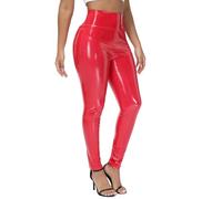 NewL Damen-Leggings, spiegelnd, Kunstleder, reflektierend, glänzend, Stretch, Enge Hose, hohe Taille, schmal, rot, XXL Schlank