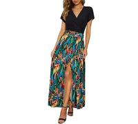 Newshows Sommerkleid Damen Lang Maxikleid Sommer Freizeitkleid Kurzarm V Ausschnitt Strand Kleider Rot-Grünes Blatt,S