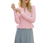 Newshows Strickjacke Damen Wool Blend Kurz Leichte Sommer Strickjacken Rundhals Rüschen Bolero Shrug mit Knöpfen Rosa,M