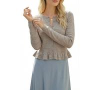 Newshows Strickjacke Damen Wool Blend Kurz Leichte Sommer Strickjacken Rundhals Rüschen Bolero Shrug mit Knöpfen Kamel,L