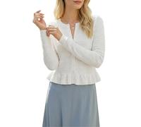 Newshows Strickjacke Damen Wool Blend Kurz Leichte Sommer Strickjacken Rundhals Rüschen Bolero Shrug mit Knöpfen Weiß,XXL