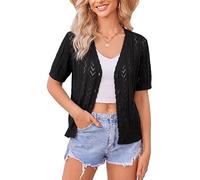 Newshows Strickjacken Damen Kurzarm Sommer Leicht Strickjacke Häkeln V Ausschnitt Bolero Shrugs Top für Kleid Schwarz,S