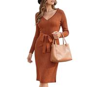 Newshows Strickkleid Damen Herbst Langarm Kleid Elegant Pulloverkleid V Ausschnitt Winterkleid Orange,XL