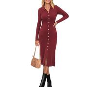 Newshows Strickkleid Damen Herbstkleid Langarm V Ausschnitt Knielang Elegant Pulloverkleid mit Gürtel