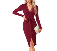 Newshows Strickkleid Damen Winterkleid Elegant V Ausschnitt Langarm Bodycon Winter Wickelkleid Midikleid