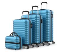 NEWTECK - Gepäck-Set und Kulturbeutel 4 Stück Blau, groß 75cm, mittel 63cm, klein 53cm und Kulturbeutel, ABS, starr, widerstandsfähig, 4 Doppelräder, leicht, seitliches Kombinationsschloss