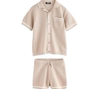 NEXT Jungen Standard Strukturiertes Strick-Poloshirt und Shorts Taupe numeric_128-numeric_134