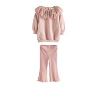 NEXT Mädchen Sweatshirt mit Rüschenkragen und Leggings mit Schlag im Set Light Pink 98-104