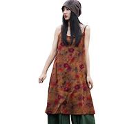 NFYM Ärmelloses Sommerkleider für Damen, lässig, Vintage, Blumendruck, Spaghettiträger, Baumwolle, Midi-Kleider mit Taschen, Kaffee-Rot, EinheitsgröÃŸe