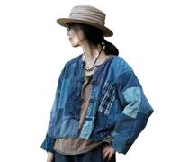 NFYM Cropped-Patchwork-Jacke für Damen, Vintage, offene Vorderseite, Kimono, kurze Jacke, Oberbekleidung, Patchwork blau, Einheitsgröße
