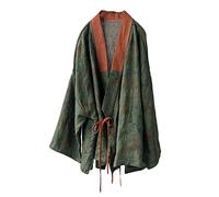 NFYM Damen Baumwolle Gepolsterte Kurze Jacke Kimono Cardigan Wickel Vorderseite Chinesischer Hanfu Stil Bedruckt Patchwork Lockere Outwear, Grün , Einheitsgröße