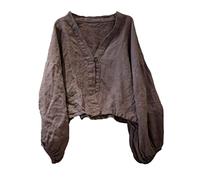 NFYM Damen-Bluse aus Leinen, vorne offen, langärmelig, V-Ausschnitt, einfarbig, bauchfreies Top, GRAU, Einheitsgröße