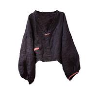 NFYM Damen-Bluse aus Leinen, vorne offen, langärmelig, V-Ausschnitt, einfarbig, bauchfreies Top, Schwarz, Einheitsgröße