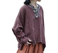 NFYM Damen Boho Bestickte Bauern Tops Fledermausärmel V-Ausschnitt Casual Loose Fit Leinenhemden Tuniken Blusen, Kaffee, Einheitsgröße