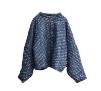 NFYM Damen Cropped Dünne Gesteppte Leichte Herbstjacke Ramie Natürliche Kleidung Bedruckt Vintage Outwear, Blau, Einheitsgröße