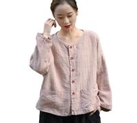 NFYM Damen Frühling Leichte 100% Leinen Button-Down-Jacke Langarm mit Fronttaschen, Helles Pink, Einheitsgröße