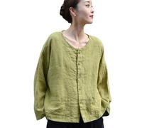NFYM Damen Frühling Leichte 100% Leinen Button-Down-Jacke Langarm mit Fronttaschen, Olivgrün, Einheitsgröße