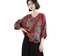 NFYM Damen Frühling Sommer Casual Boho Floral Bluse Shirts High Low V Ausschnitt 3/4 Langarm Tops, Rot/Blumenmuster, Einheitsgröße